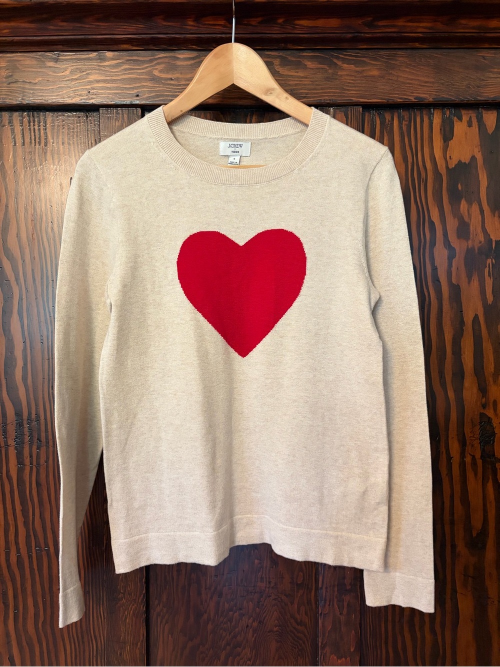 J.Crew Teddie Beige Crewneck Sweater with Red Heart